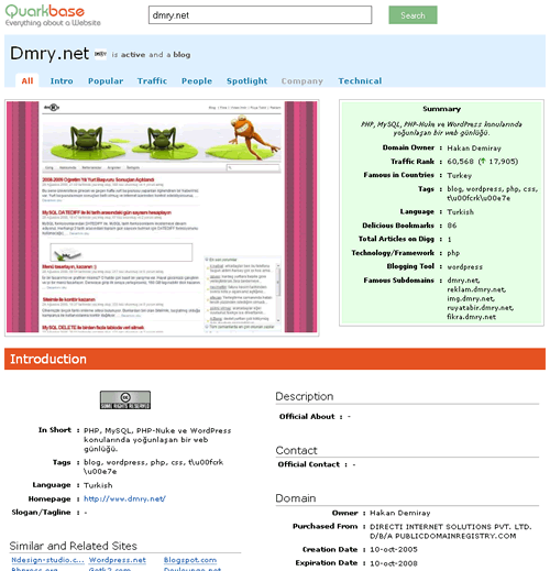 Bir web sitesi hakkında her şey: Quarkbase