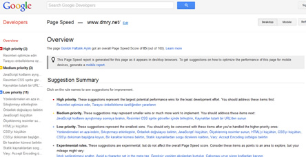 Google Page Speed Online ile Web Sitesi Hız Testi